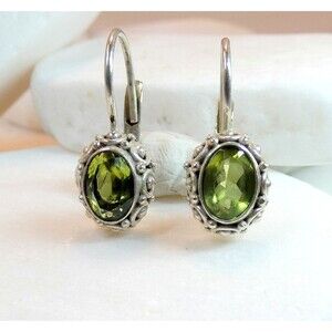 Vintage Natural Peridot Sterling Silver Bali Gemstone Earrings Dangle Drop